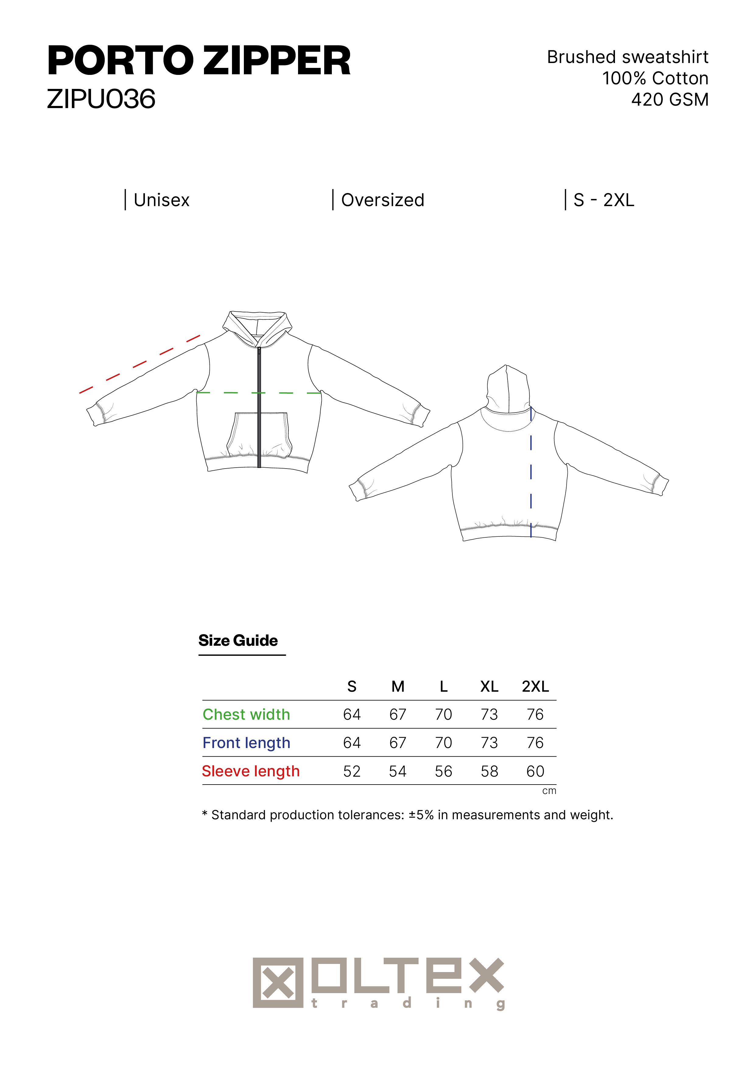 SIZE GUIDE PORTO ZIPPER